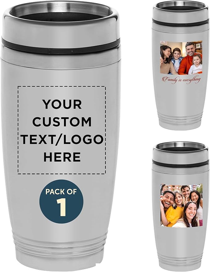 DISCOUNT PROMOS Custom 16 oz Stainless Steel Coffee Tumbler - Custom Cups with Names, Photos, Logos - Personalized Design for Hot & Cold Drinks - Silver