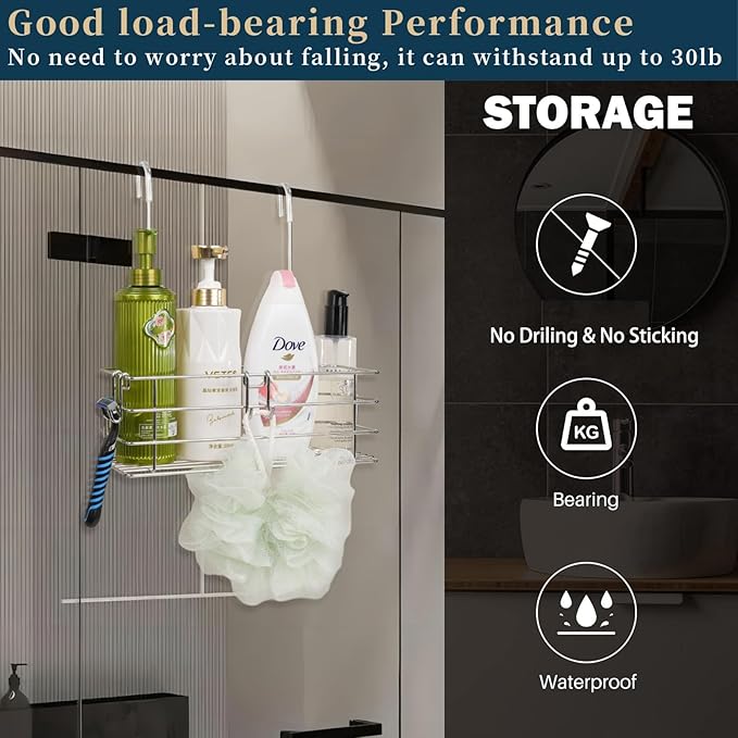 2pcs Single-Layer Hanging Shower Caddy, Rustproof Shelves Rack with Rotatable Hook bar, Large Capacity Bathroom Organizers and Storage, No Drilling Shampoo Bracket - Bloomnest