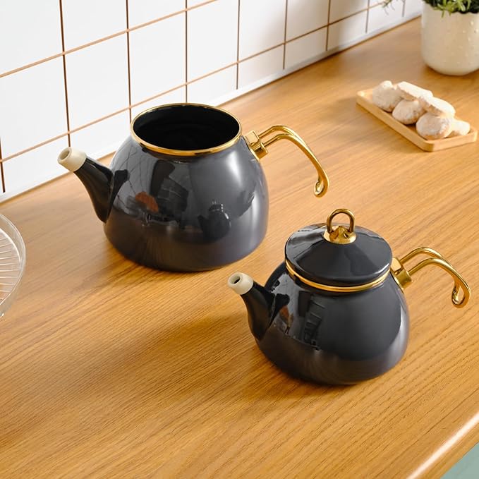Karaca Retro Teapot Set Anthracite, Enamel, Teapot/Lid (1.1 lt, 2.4 lb), Tea Kettle (2.3 lt, 5 lb), Titanium Coated Handles, Suitable for Induction - Bloomnest
