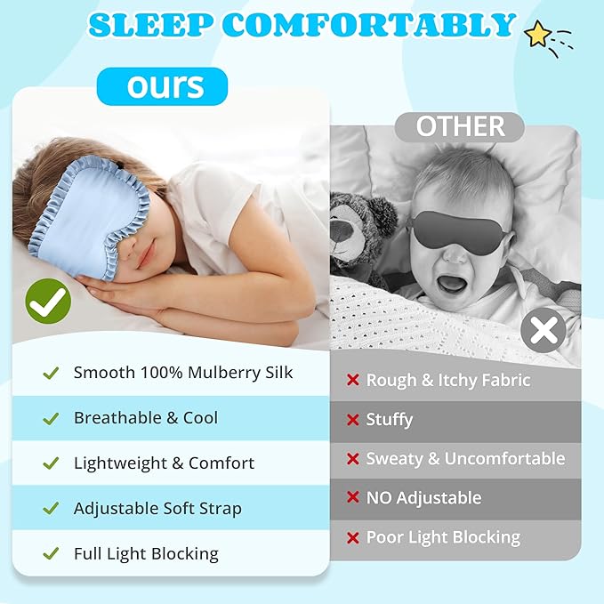 Kids Sleep Mask Eye Cover, 100% Real Mulberry Silk Sleep Mask with Adjustable Strap, Kids Blindfold for Sleeping, Boys Girls Eye Shade for Ages 5+, Soft and No Pressure (Blue) - Bloomnest