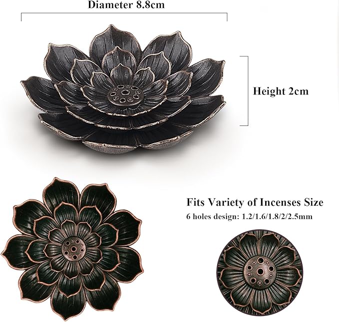 Incense Burner - Lotus Stick Incense Holder 6 Incense Holes with Detachable Ash Catcher 2Pcs