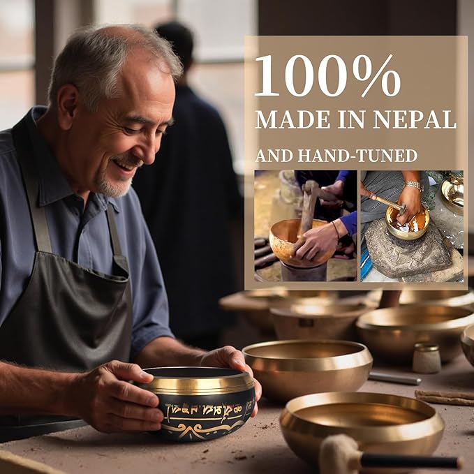 AKLOT HandMade Meditation Singing Bowl: Tibetan Sound Bowl Set with Pure Tone, Sound Bath Bowl with Cushion, Mallet, Carry Bag, Spiritual Gift for Chakra Clearing, Yoga, Prayer, Relaxation (5 Inch)
