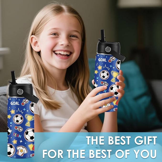 Soccer Gifts for Kids - 16 Oz Kids Water Bottle with Straw Lid, Stainless Steel Insulated Tumbler, Leak Proof, BPA-Free, for Girls, School, Travel - Soccer Lovers Children Birthday Gifts Cups(1pc) - Bloomnest