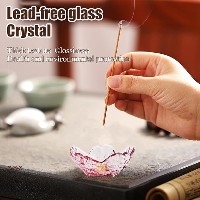 Incense Holder for Sticks and Backflow Incense, Handmade Glass Cherry Blossom Incense Stick Holder with 9 Incenses Holes Incenses Burner Ash Catcher Ideal for Incenses Burning, Home & SPA Decor - Bloomnest