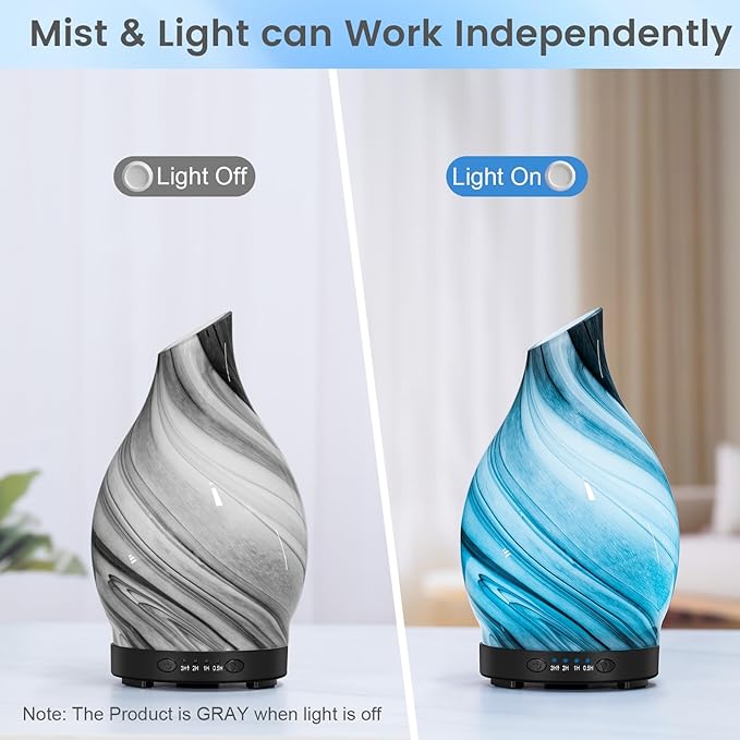 Essential Oil Diffuser, 120ML Glass Aromatherapy Diffuser with Auto Shut-Off and 7 Color LED Lights, Ultrasonic Mist Humidifier with 4 Timer for Home Office Bedroom (Gray Wave) - Bloomnest