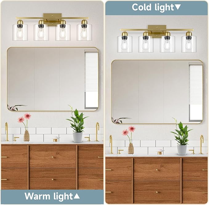 Modern Brushed Gold 4 Light Bathroom Light Fixtures, 24 inch Vanity Lights for Bathroom with Clear Glass for Mirror Kitchen Living Room Hallway Cabinet Porch - Bloomnest