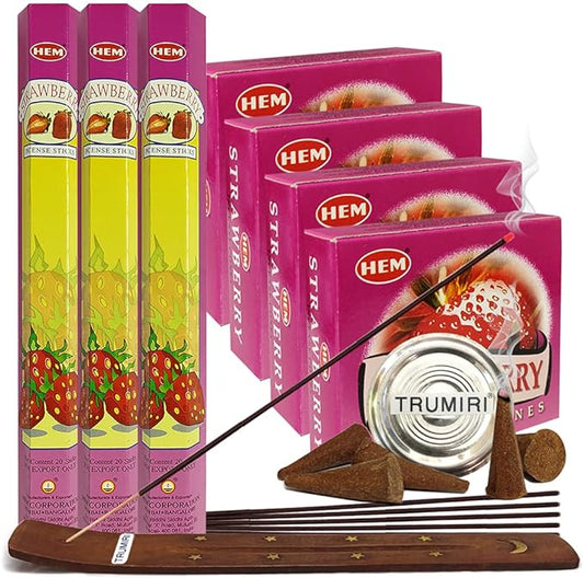 Strawberry Incense Sticks and Cone Incense Holder Variety Pack Bundle insence insense insienso TRUMIRI