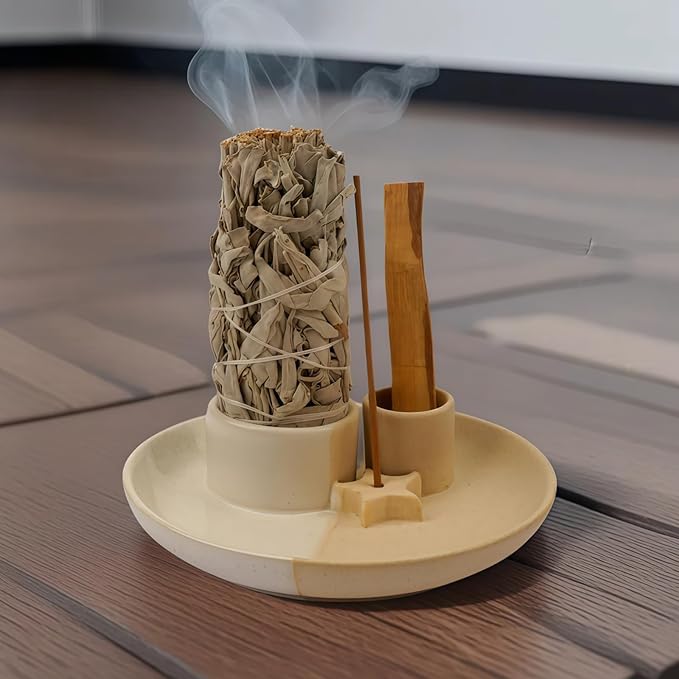 4 in 1 Incense Holder, Ceramic Incense Stick and Palo Santo Holder,Sage Holder for Burning- 5.5" Ceramic Ash Catcher Tray for Meditation and Yoga Room (Star Sand) - Bloomnest