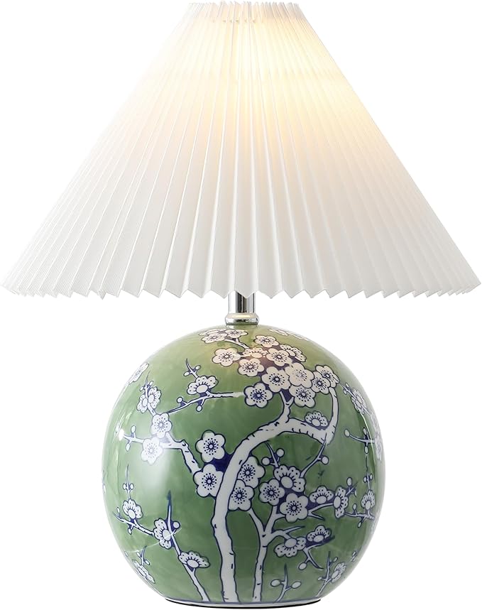 JONATHAN Y JYL5056A Shishen 19.5" Cottage Classic Chinoiserie Ceramic Orb LED Table Lamp with Pleated Shade, Green/White for Bedroom, Living Room, Kitchen, Home Office, Kids Room - Bloomnest