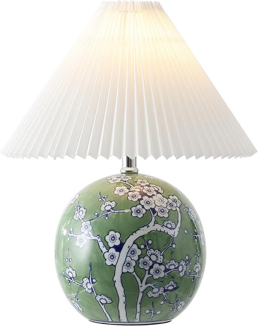 JONATHAN Y JYL5056A Shishen 19.5" Cottage Classic Chinoiserie Ceramic Orb LED Table Lamp with Pleated Shade, Green/White for Bedroom, Living Room, Kitchen, Home Office, Kids Room - Bloomnest