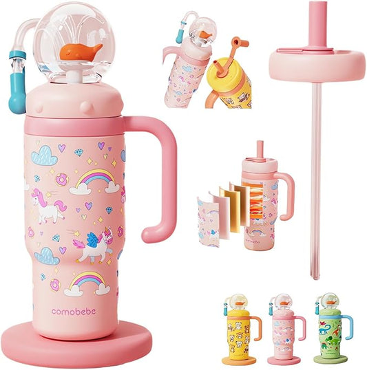 Stainless Steel Whale Fountain Tumbler with Handle 2025 Drinking Cup with Whale Squirt Insulated Travel Tumblers Kids Weighted Sippy Cup No Spill Cute Water Bottle with Lids and Straws Leak Proof (A3) - Bloomnest