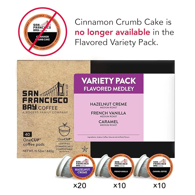 San Francisco Bay Compostable Coffee Pods - Variety Pack Flavored (40 Ct) K Cup Compatible including Keurig 2.0, Hazelnut, Cinnamon, Caramel, Vanilla Flavored Coffee - Bloomnest