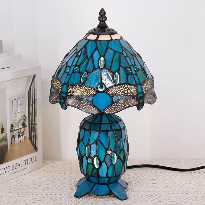 Small Tiffany Lamp Stained Glass Table Lamp Mini Mother Daughter Vase Desk Accent Light for Bedroom Bedside Reading Home Antique Style Decor 8X14 Inches (Green Dragonfly) - Bloomnest