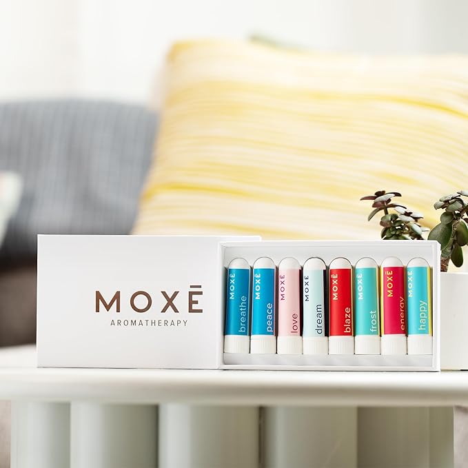 MOXĒ Nasal Inhaler Bundle, 8 Essential Oil Blends, Aromatherapy Sticks, Warming & Cooling Fragrances, Undiluted Oil, Natural Ingredients, Made in USA - Bloomnest
