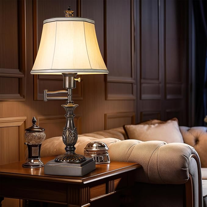23.5" High Rustic Traditional 350° Adjustable Swing Arm Table Lamp Set of 2 with USB A+C Ports Brown Finish Cream Shade Vintage Nightstand lamp for Living Room Bedroom Office (Bulb Included)