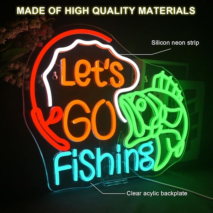 Lucunstar Let's Go Fishing Neon Sign Dimmable Fish Neon Light for Wall Decor LED USB Powered Fishing Hook Lights for Bedroom Living Room Man Cave Yacht Decor Men Gifts - Bloomnest