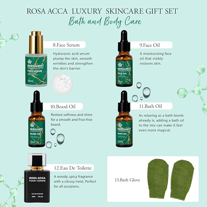 Valentines Day Gifts for Men, 30 Pcs Men Bergamot Facial Skin Care Set, Beard Grooming Kit, Spa and Bath, Self-Care Gift, Face Cleanser, Beard Oil, Serum, Parfume, Birthday, Christmas, Husband, Dad