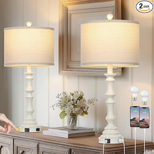 27.5" White Tall Lamp for Living Room, Vintage Farmhouse Table Lamps Set of 2 with USB C+A Ports & AC Outlet, 3-Way Touch Control Bedside Lamps, Rustic Bedroom Lamp for Nightstand Side Table - Bloomnest