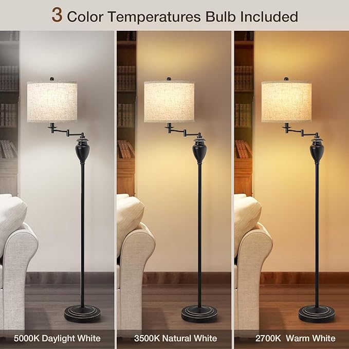 Floor Lamp for Living Room, 3 Color Temperature 350° Adjustable Swing Arm Floor Lamp Vintage Standing Lamp Traditional Farmhouse Tall Floor Lamps for Bedroom Office Home Nursery Study Room Hotel - Bloomnest