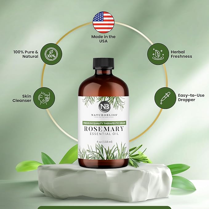 NaturoBliss 100% Pure Rosemary Essential Oil Therapeutic Grade Premium Quality (4 fl. oz) with Glass Dropper, Perfect for Aromatherapy - Bloomnest