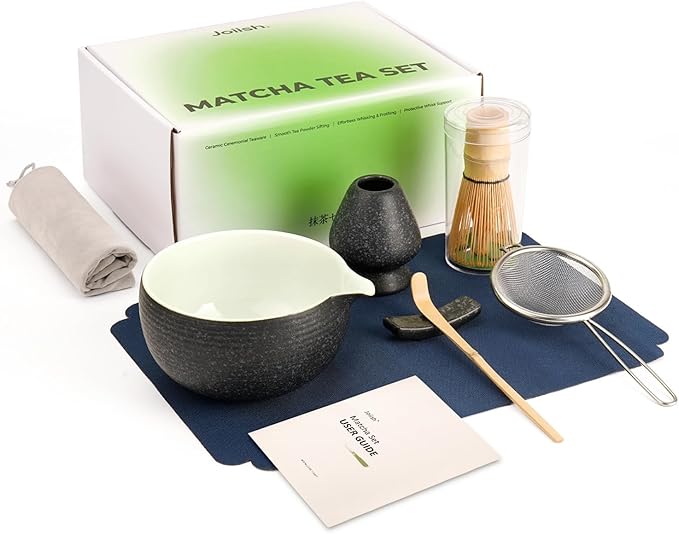 7 Pcs Matcha Kit Set, Matcha Whisk and Bowl with Spout, Powder Sifter, Whisk Holder, Bamboo Scoop and Scoop Rest, Perfect Prepare Tools for Making Matcha Tea (Charcoal Grey) - Bloomnest