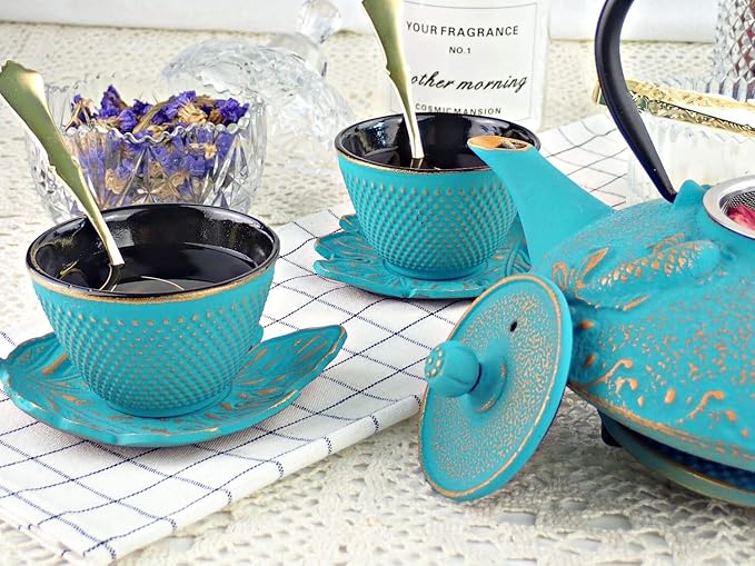 7PC Japanese Tea Set."Turquoise Koi" Cast Iron Tea Pot with 2 Tea Cups, 2 Saucers, Loose Tea Infuser and Teapot Trivet. Ceremonial Matcha Accessories