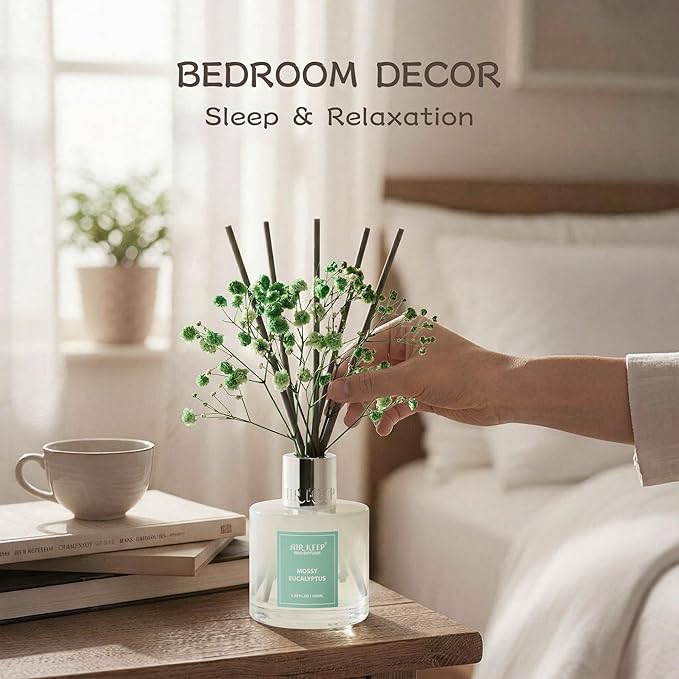 Airkeep Reed Diffuser Set,3.38 fl oz (100 ml) - Moss Eucalyptus Oil Diffusers with 8 Reed Sticks, Home Fragrance Reed Diffuser for Bathroom Shelf Decor Airkeep