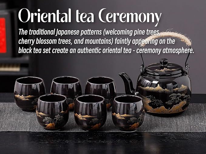 Traditional Japanese tea set, Japanese teapot set, Asian Black glazed tea set with 1 Teapot, 6 Tea cups, 1 Tea strainer, 1 Tea tray (Landscape Black) - Bloomnest