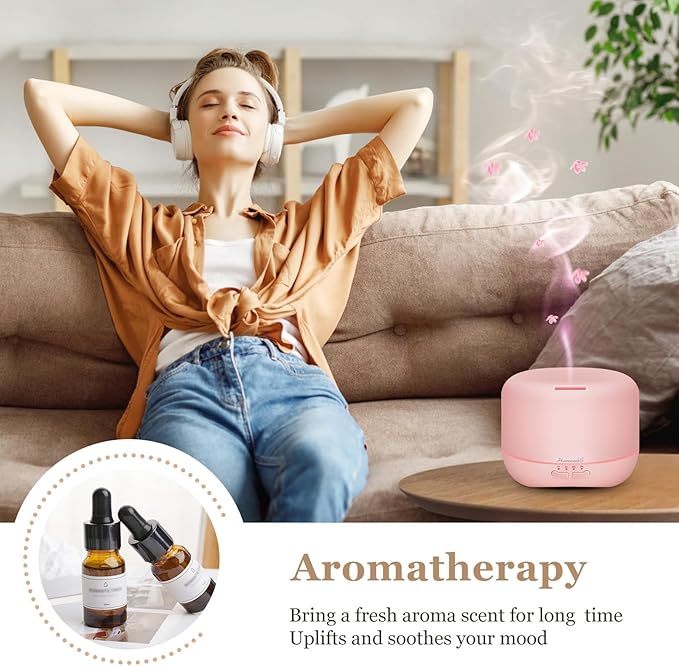 Aromatherapy Essential Oil Diffuser for Room: Air Humidifier Aroma Scent Cool Mist Colorful Lights Cute Small Large Waterless Auto Off Ultrasonic Diffusers for Home Bedroom Pink (300ml) - Bloomnest