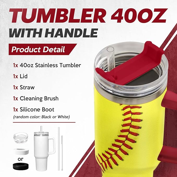 SANDJEST Softball Tumbler with Handle 40oz, Insulated Stainless Steel Cup with Lid & Straw, Sports Lover Gift for Men, Coach, Player, Christmas, Birthday - Bloomnest