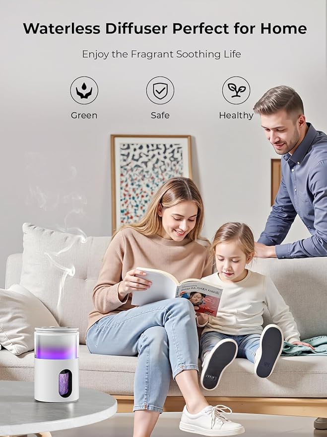 Waterless Diffuser for Essential Oil: Mini Battery Scent Diffuser for Room&Home&Car with 9 Colors LED Light - Aroma Cool Mist Machine Snow White - Bloomnest