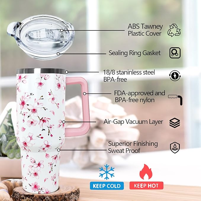 Ceovfoi 40oz Cherry Blossoms Insulated Stainless Steel Travel Tumbler with Handle, Lid and Straw, Pink Cherry Blossoms Floral Design, Perfect for Women, Adults, Home, Travel, Nursing - Bloomnest