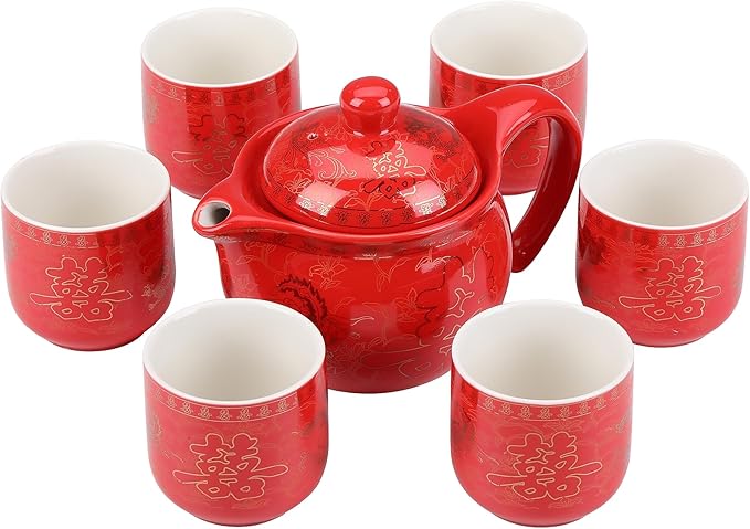 I-MART Chinese Tea Set, Red Ceramic Chinese Wedding Tea Set, Asian Traditional Tea Set with 1 Tea Pot. 6 Tea Cups and 1 Gift Box - Bloomnest