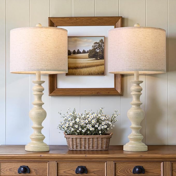 BOBOMOMO 27" Antique White Table Lamps Set of 2, Large Vintage Resin Lamps with Linen Shades, Farmhouse White Lamps for Bedroom, Living Room, or Console Table Elegant Home Décor - Bloomnest