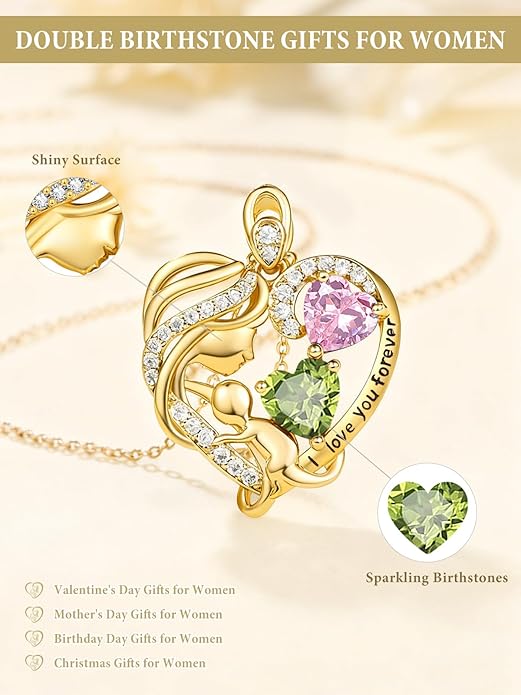 14K Gold Double Birthstone Heart Necklace for Women Mom, Mother Son/Daughter Pendant Necklace for Christmas Mother's Day Birthday Gifts for Wife Daughter Grandmom - Bloomnest