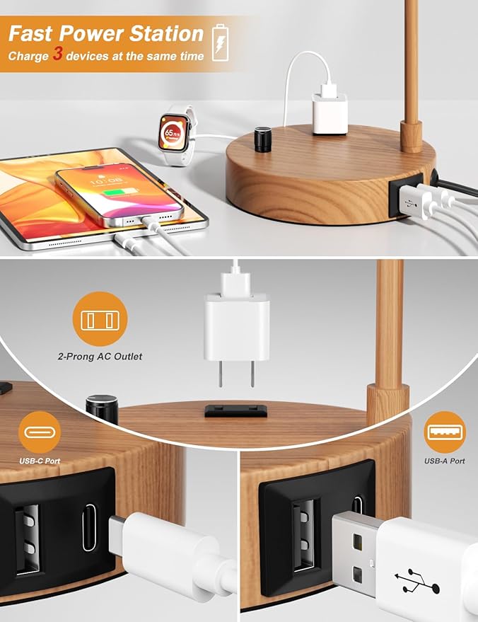 Innqoo Wood Tall Table Lamp with USB Port and Outlet, Dimmable Nightstand Bedside Lamps with Linen Lampshade, Desk Lamp for Bedroom, Living Room, Guest Room, Home Office, LED Bulb Included - Bloomnest