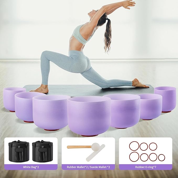 432HZ 6-12 Inch Purple Color Frosted Quartz Crystal Singing Bowls Chakra Set of 7 with Carry Case Bags for Sound Healing and Meditation