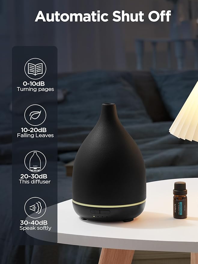 InnoGear Oil Diffuser, 300ML Ceramic Diffuser for Essential Oils Handcrafted Aromatherapy Diffuser Ultrasonic Cool Mist Humidifier with 4 Timers Waterless Auto Off for Room Office, Black - Bloomnest
