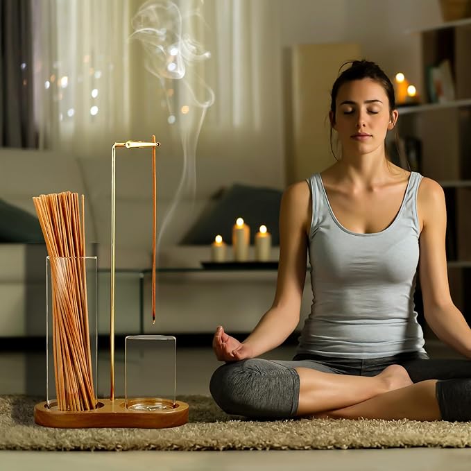 2 in 1 Incense Holder for Sticks, Anti-Ash Flying Incense Burne with Glass Ash Catcher and Incense Sticks Organizer for Meditation Yoga Spa Home Decor (Dark Base) - Bloomnest