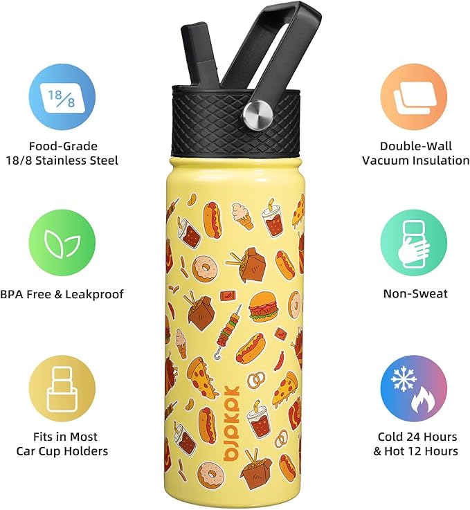 BJPKPK Insulated Water Bottle with Straw Lid, 18 oz Stainless Steel Metal Water Bottles, Reusable Leak Proof BPA Free Water Bottles, Cups, Thermo, Yummy - Bloomnest