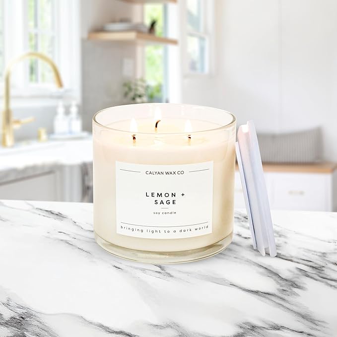 Calyan Wax Co. Lemon & Sage 3 Wick Scented Candle - 43 Hour Burn - Luxury 3 Wick Soy Candles - Non Toxic Soy Wax Candles - Long Lasting Large Glass Jar Candle for Home - 14.9oz - Bloomnest