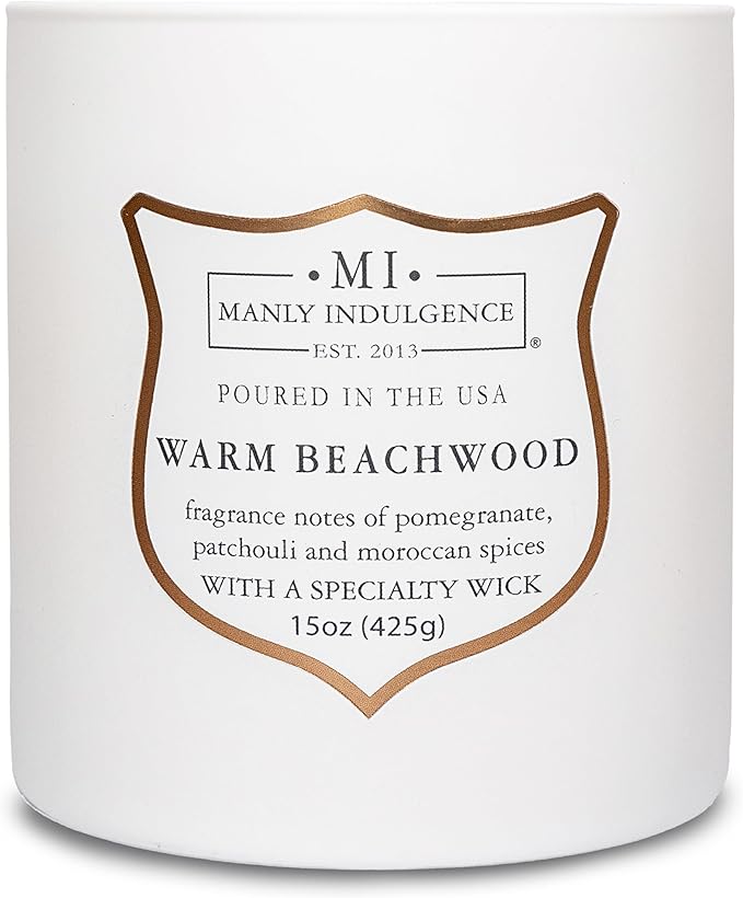 Manly Indulgence Warm Beachwood Scented Candles for Men, 15 oz Wooden Wick, Premium Soy Blend Wax, 60H Burn, Candles for Home Scented - Made in The USA - Bloomnest