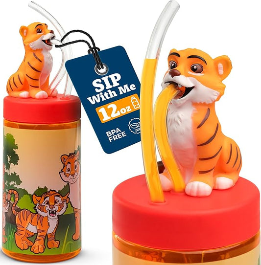 Kids Water Bottle, Toddler Cups, Tumbler with Lid and Straw, Travel Sippy Cup for Water or Milk, Kids Cups with Lids for Toddlers 3 and Up, BPA Free Plastic, 12 oz (Zoo Bengal Tiger) - Bloomnest