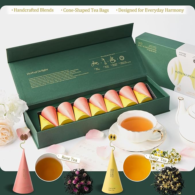 Herbal Delight Premium Herbal Tea Gift Set of 14 with 2 Flavors, 2 Individually Wrapped Handmade Pyramid Tea Bags for Each Variety - Bloomnest