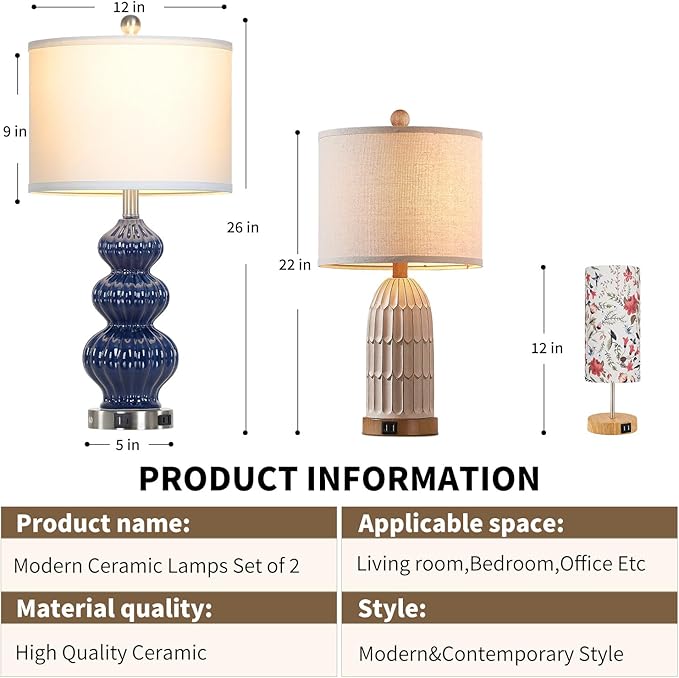 26" Blue Table Lamp Set of 2 with USB A+C Ports & AC Outlet, Ceramic Table Lamps Classic Beside Lamps Nightstand Lamp Modern Table Lamp for Living Room,LED Bulbs Included - Bloomnest