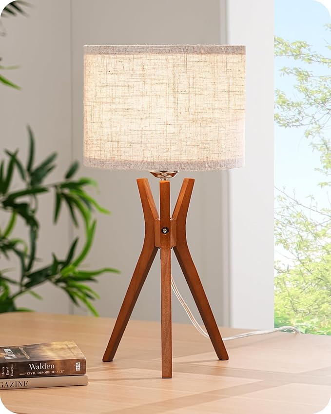 EDISHINE Mid Century Table Lamp, 17.5" Tripod Bedside Lamp with Deep Wood Color Light Base & Beige Linen Lampshade, Nightstand Lamp for Bedroom, Living Room, Reading Room, E26 Base - Bloomnest