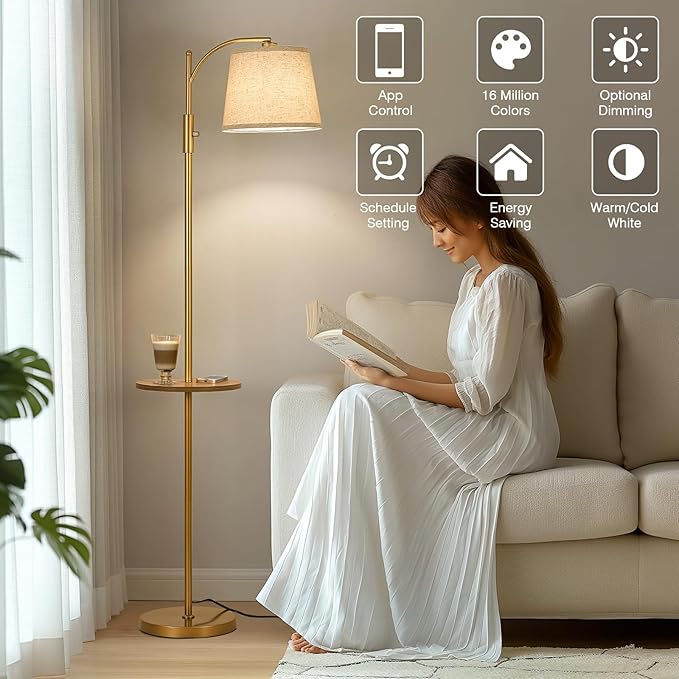AIDENOEY Smart Floor Lamp with Side Table | Stepless Dimming, RGB Multi-Color | Adjustable Swivel Head | Voice Control with Alexa & Google Assistant |Golden Lamp for Living Room,Bedroom,Home Office - Bloomnest