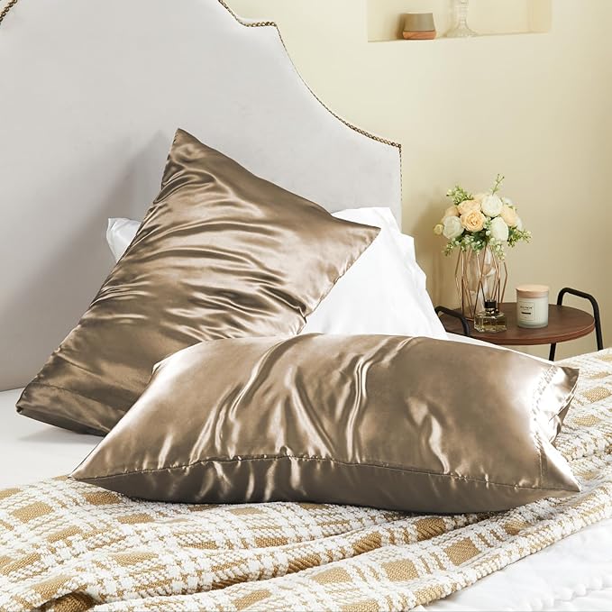 BEDELITE Satin Pillowcase for Hair and Skin, Super Soft and Cooling Similar to Silk Pillow Cases 2 Pack with Envelope Closure, Gift for Women Men(20"x26" Standard Size, Tawny Brown) - Bloomnest