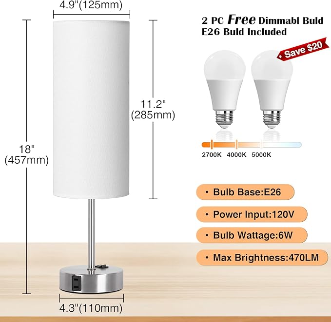 ZJOJO Table Lamp for Bedroom 2 Pack,18in Bedside Lamps with 3 Way Dimmable Rocker Switch & AC Outlet,Nightstand Desk Lamp with White Fabric Shade Nickel Basee for Living Room Home Decor Lights - Bloomnest