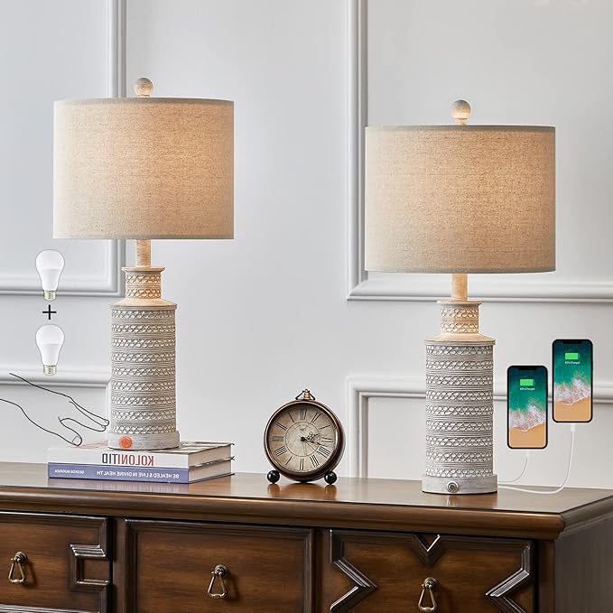 BOBOMOMO 3-Way Dimmable Touch Control Table Lamp Set of 2 with Dual USB Charging Ports for Bedroom Living Room Vintage Rustic Farmhouse Traditional Nightstand Bedside Lamps(Bulbs Included) - Bloomnest